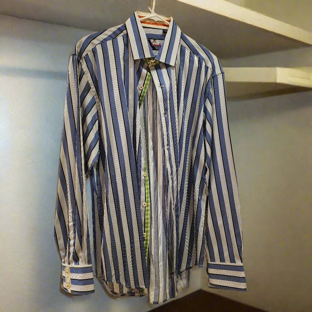 Robert Graham X Long Sleeve Flip Cuff Shirt Striped Blue XL